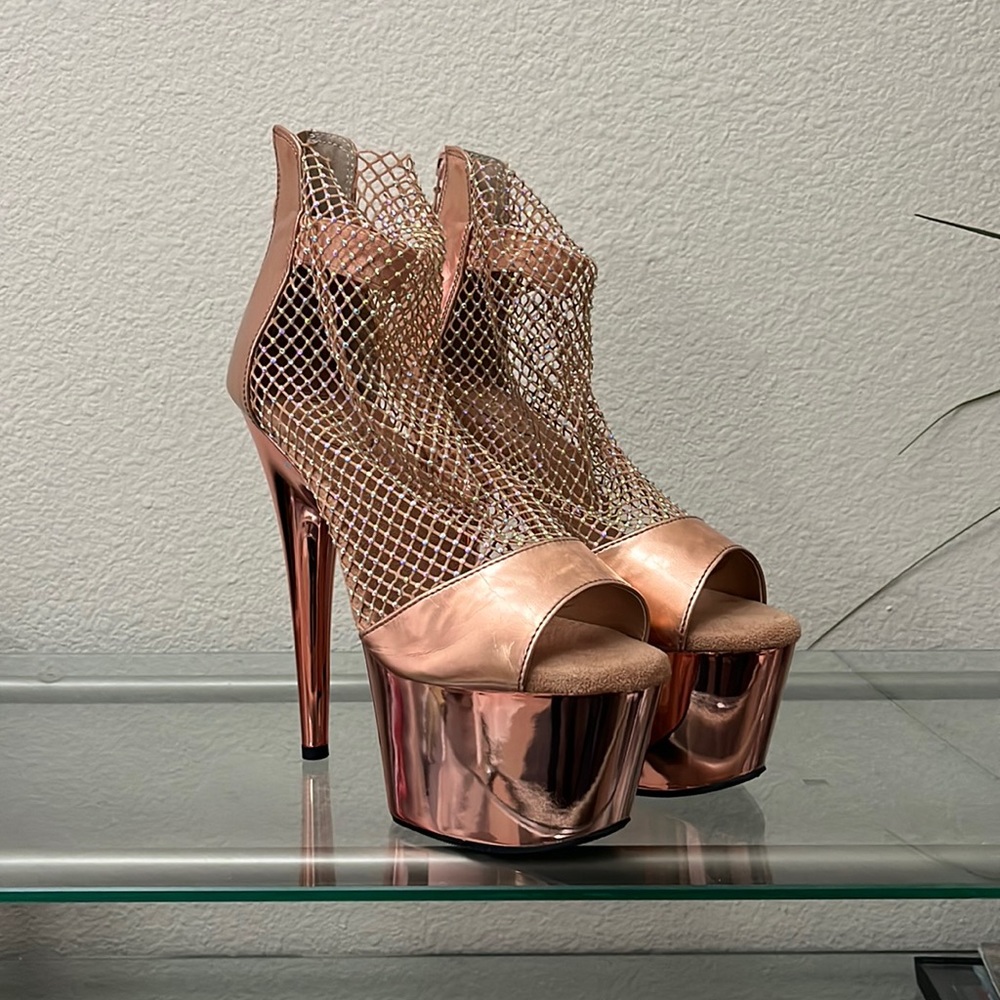 Pleaser adore rose gold rhinestone mesh platform heels